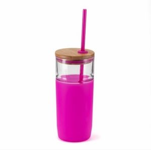 HD Designs Outdoors Glass Bottle With Bamboo Lid & Tritan Straw Fucschia Pink